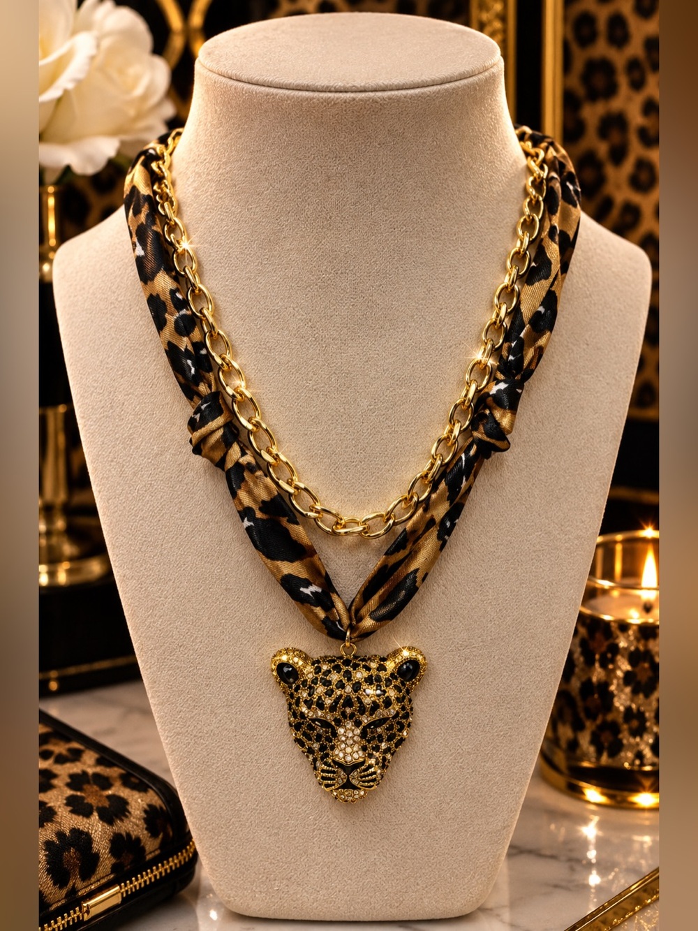 Gold Leopard Pendant Necklace with Leopard Print Scarf